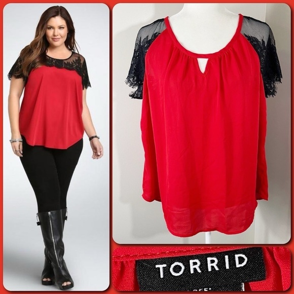 TORRID Bright Red & Black Lace Inset Short Sleeve Satin Blouse - 0 / LARGE - Picture 1 of 9
